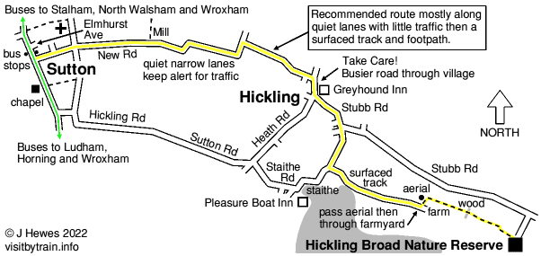 Map showing walk from Sutton to Hickling Broad Nature Reserve