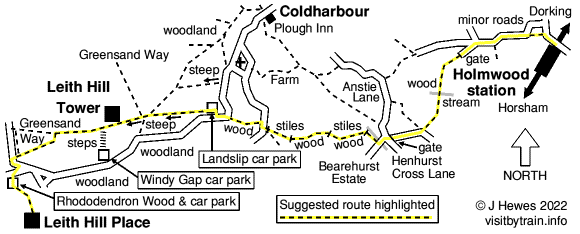 Holmwood to Leith Hill map