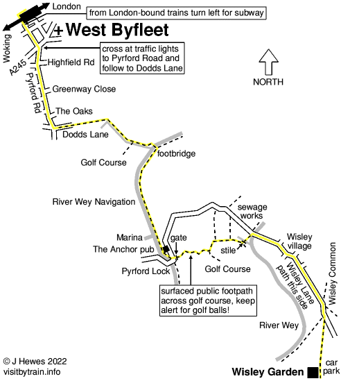 West Byfleet to Wisley walk map