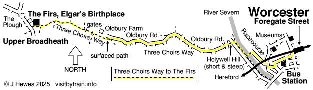 Worcester to The Firs, Elgar's Birthplace map